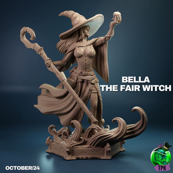 Bella the Fair Witch, holding an apple and staff, stands in a confident pose, dressed in flowing robes and a pointed hat.