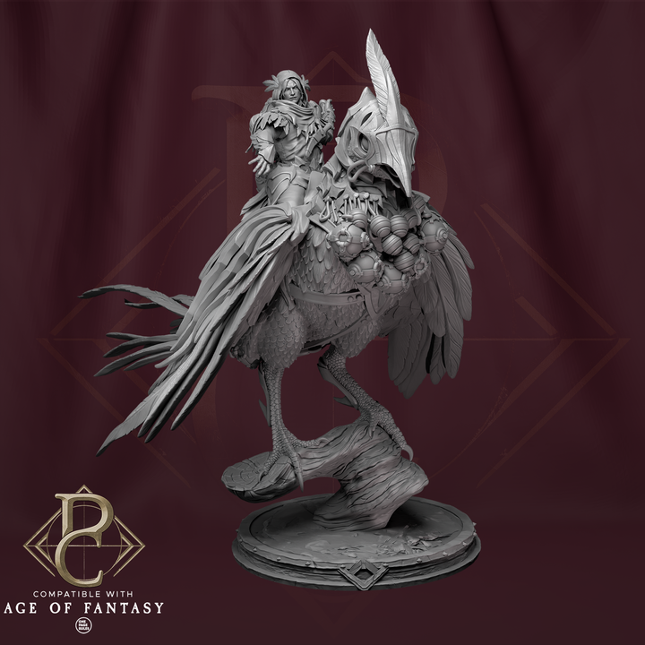 Detailed miniature of the Aerithian Wind Defender riding an Emberfinch, showcasing intricate armor and feathered details of the bird mount, compatible with fantasy tabletop RPGs.