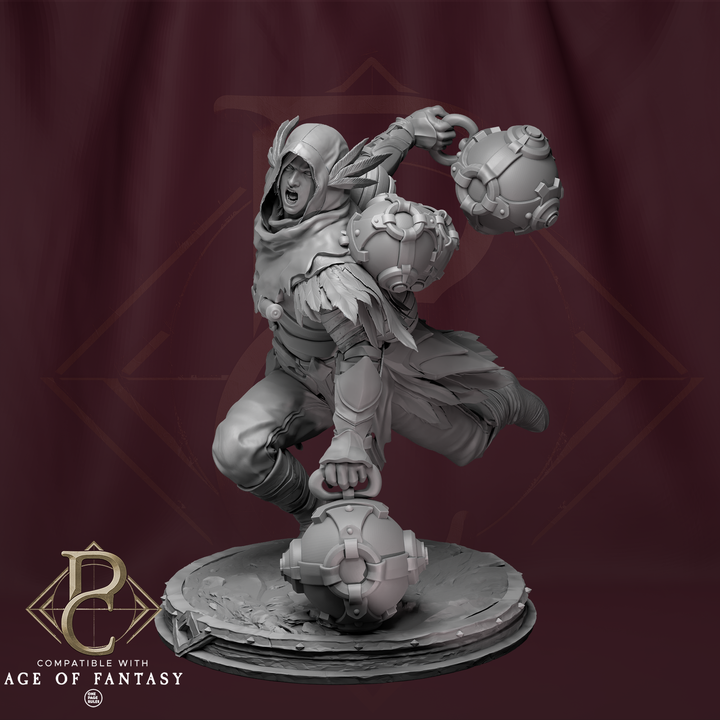 Aerithian Wind Defender: Knight mid-leap holding bombs, dynamic pose with detailed armor, ideal for tabletop RPGs.