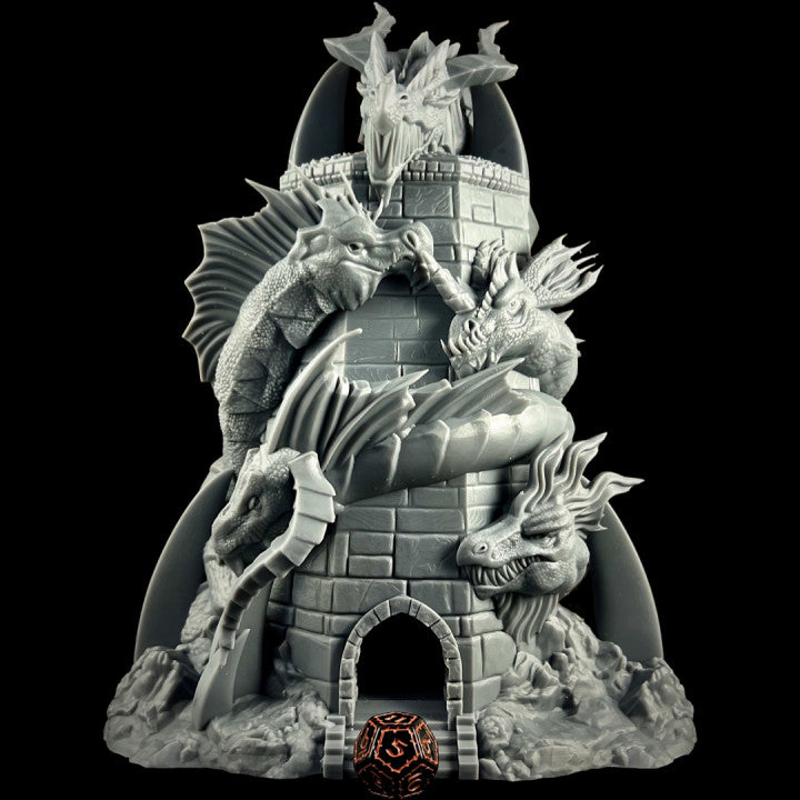 Tiamat Dice Tower with five dragon heads, each representing a chromatic dragon, coiling around a tower with an open dice portal at the base.