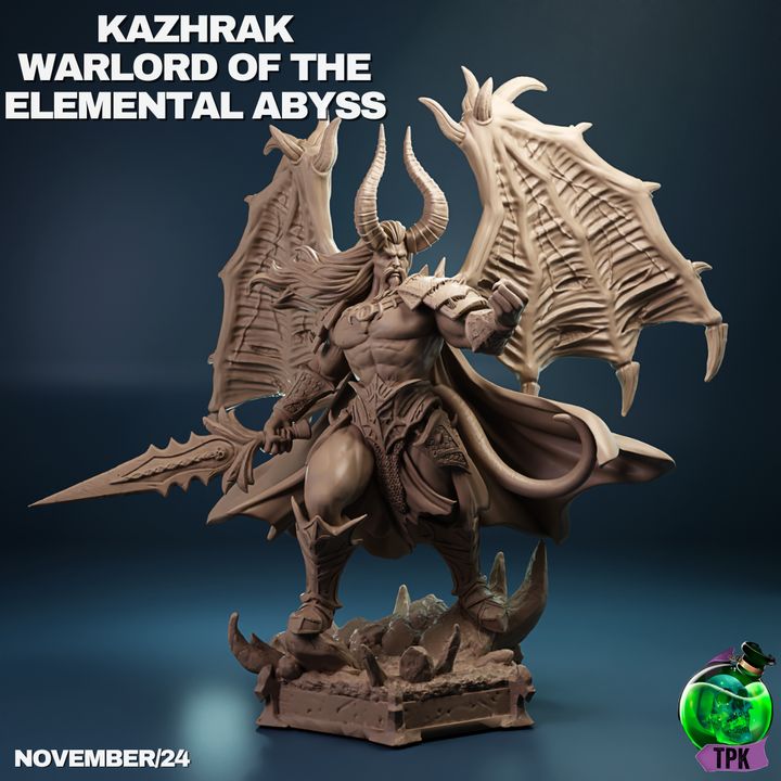 Kazhrak, the Warlord of the Elemental Abyss, ready to bring doom with his fierce horns, menacing blade, and a look that says, “You really want to mess with me?”