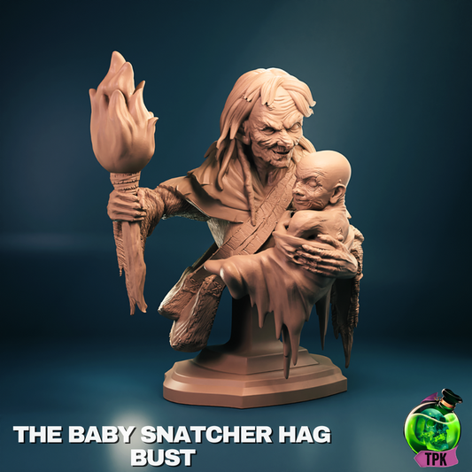 The Baby Snatcher Hag bust holding a torch and clutching a baby, snarling face and aged robes, horror creature miniature for DnD and Pathfinder.