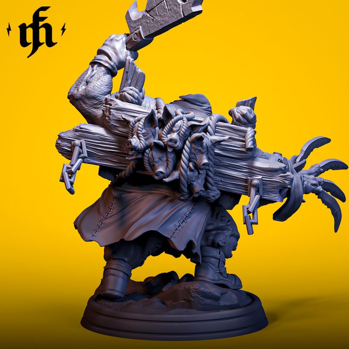 The Gutfury Butcher stands with a clawed hand and a cleaver, showcasing a bloated physique, stitched robes, and menacing rope-wrapped armor, suitable for Warhammer or Dungeons & Dragons campaigns.