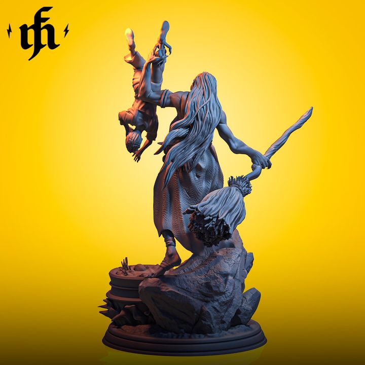 Grimnora, a dark character with long hair, gripping a captive upside down while brandishing a broom-like staff. The dynamic pose and rugged clothing emphasize her menacing nature, perfect for a sinister fantasy scenario.