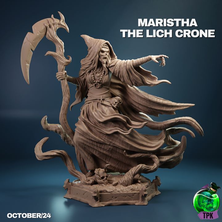 Maristha the Lich Crone stands holding a large scythe, dressed in flowing robes, with one hand gesturing ominously and skulls and roots surrounding her base.