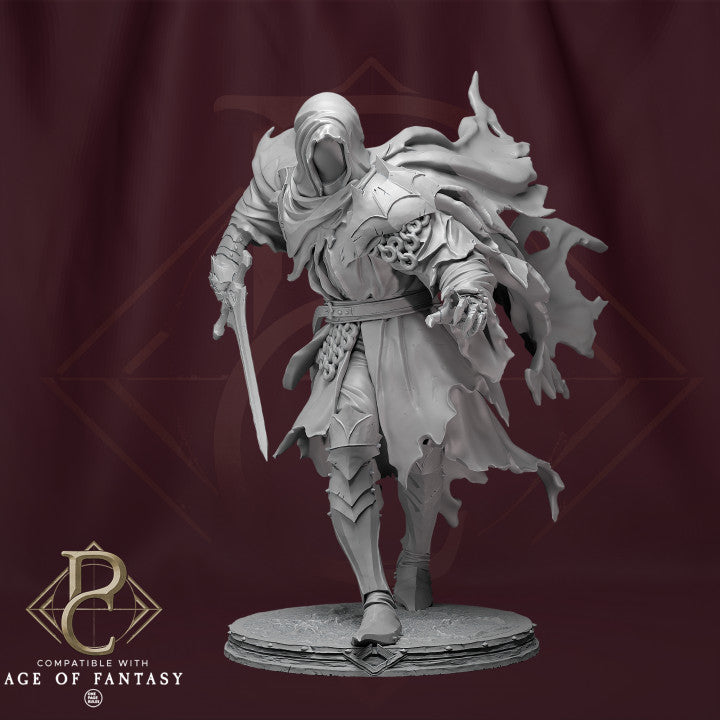 Sâvarkar, a hooded warrior miniature holding a sword, with a flowing cape, in a dynamic stance, suitable for use in fantasy tabletop RPGs like Age of Fantasy.