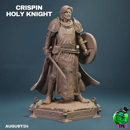 Human male Holy Knight Crispin holding a longsword and shield, wearing ornate plate armor with a flowing cloak.