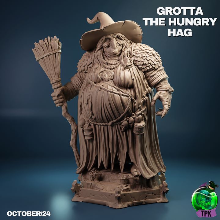 Grotta the Hungry Hag stands holding a broom, dressed in a witch's hat and tattered clothes, her large frame and grim expression adding to her ominous presence.