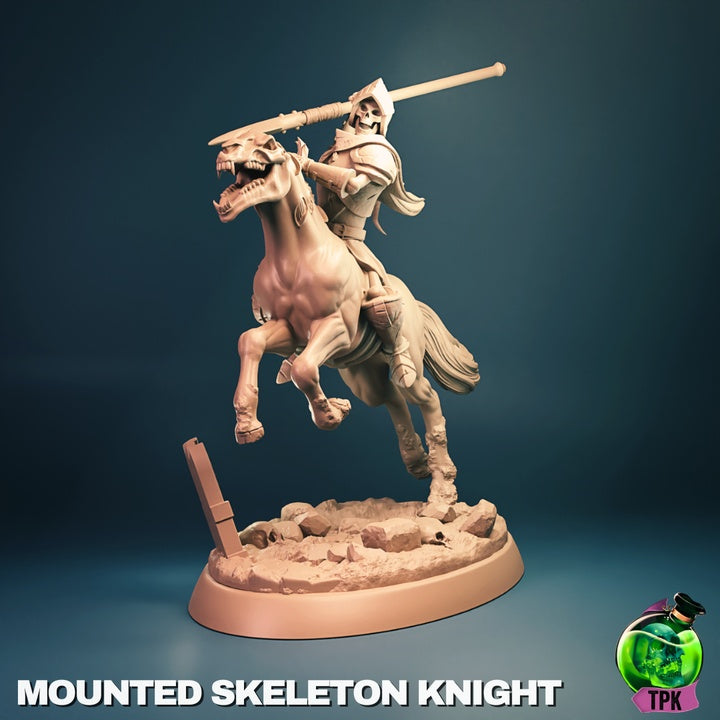 Mounted Skeleton Knight undead cavalry miniature riding skeletal horse, armored skeleton warrior wielding raised weapon in charging pose