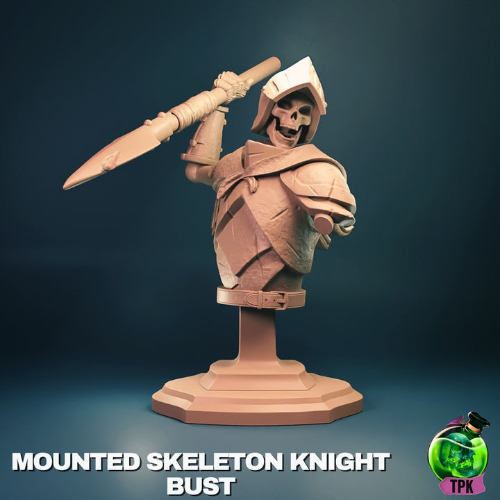 Mounted Skeleton Knight bust skeletal knight wearing helmet and armor, weapon lifted overhead in aggressive undead warrior stance