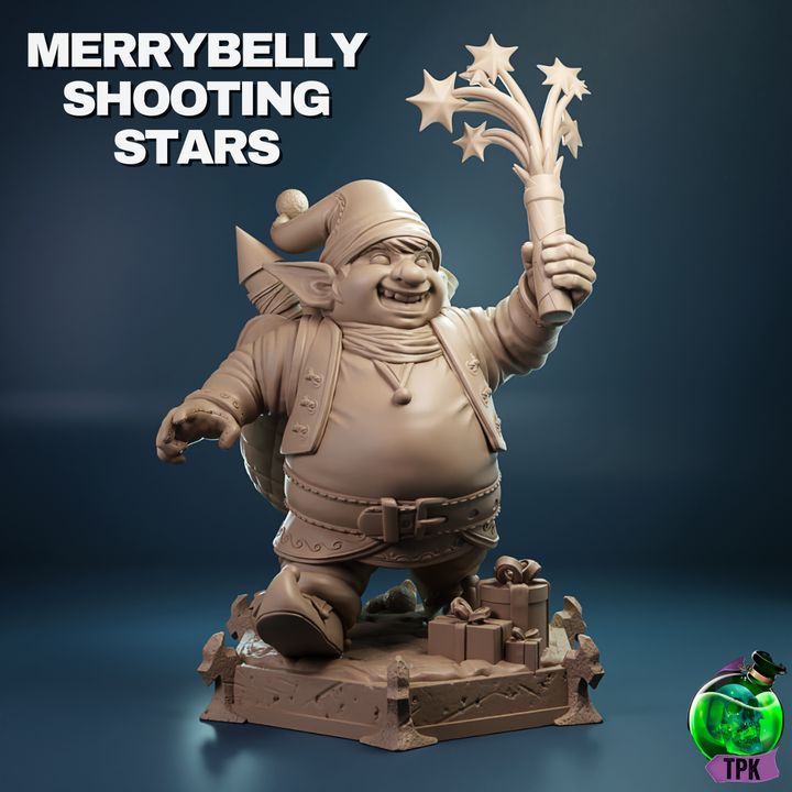 Merrybelly Shooting Star miniature showcasing a festive elf holding a firework, surrounded by wrapped gifts, posed on a detailed base for TTRPGs like Dungeons & Dragons.