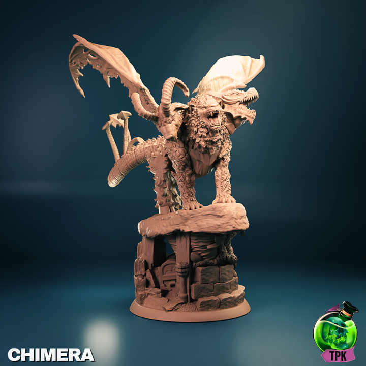 Chimera miniature with lion, goat, and dragon heads on scenic stone base for Dungeons & Dragons.