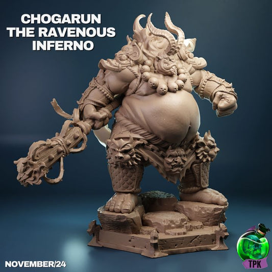 Chogarun, the Ravenous Inferno, stands with a massive frame, spiked armor, and a weapon etched with flames, poised to unleash chaos.