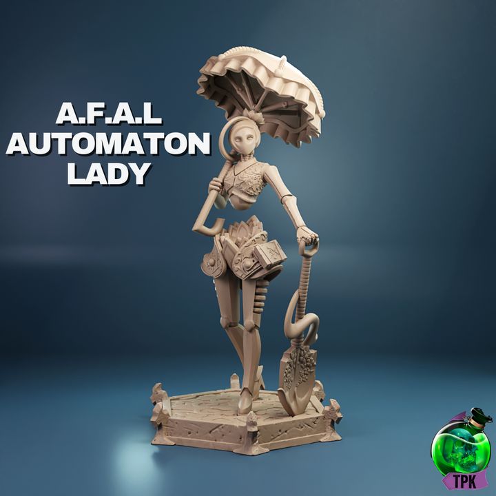 AFAL Automaton Lady miniature posed with a parasol, detailed mechanical limbs, and a stylish base, representing a warforged artificer ideal for TTRPG settings like Eberron.