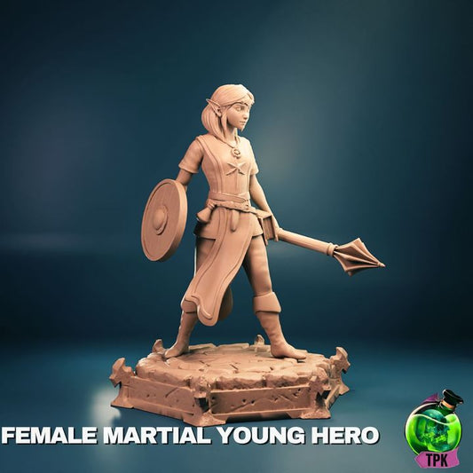 Full-figure view of young female elf warrior standing on stone base, holding shield and mace, dressed in short tunic and boots