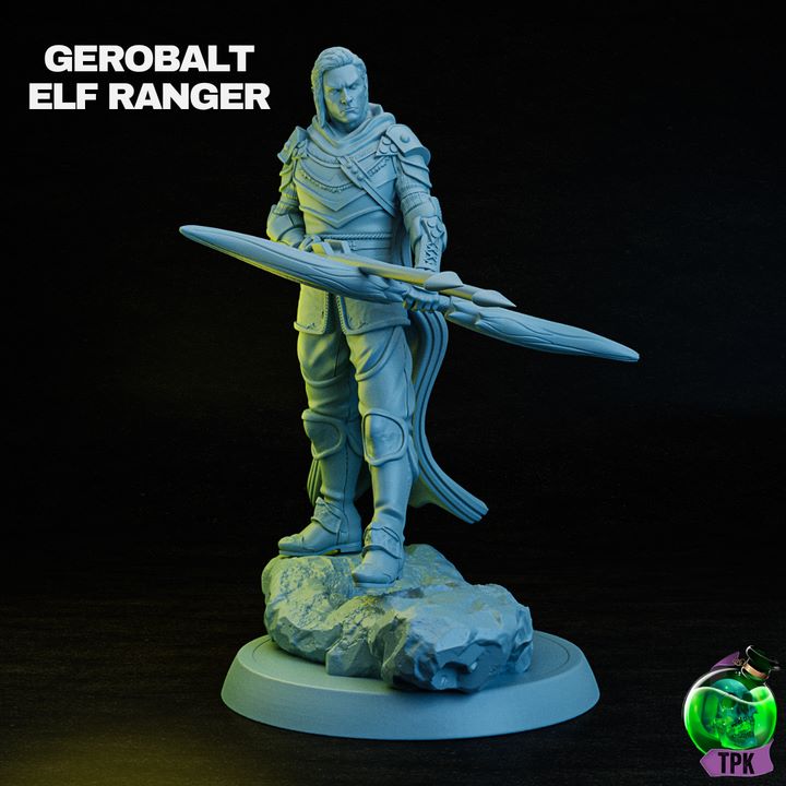 A detailed elf ranger miniature standing confidently on a rocky base. He is clad in light armor, holding a longbow horizontally in front of him, ready for action. His stern expression and poised stance capture the essence of a vigilant warrior skilled in tracking and archery.