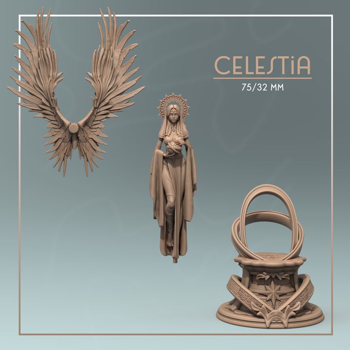 Celestia figure components including wings, the celestial figure, and circular base.