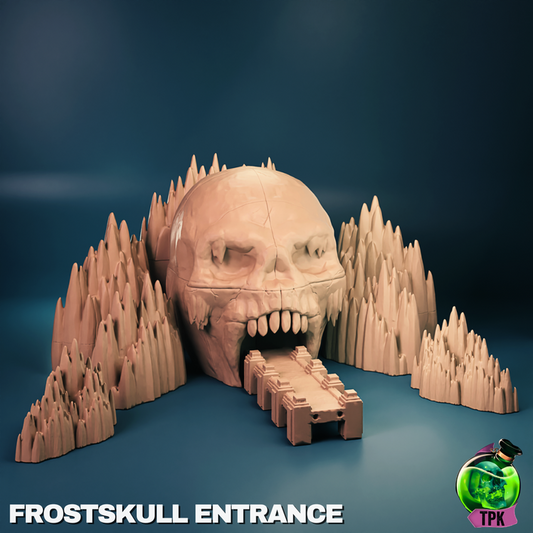 Frostskull Entrance scatter terrain featuring an icy mountain formation shaped like a giant skull with a bridge leading into its mouth, designed for tabletop RPGs such as Dungeons & Dragons or Pathfinder.