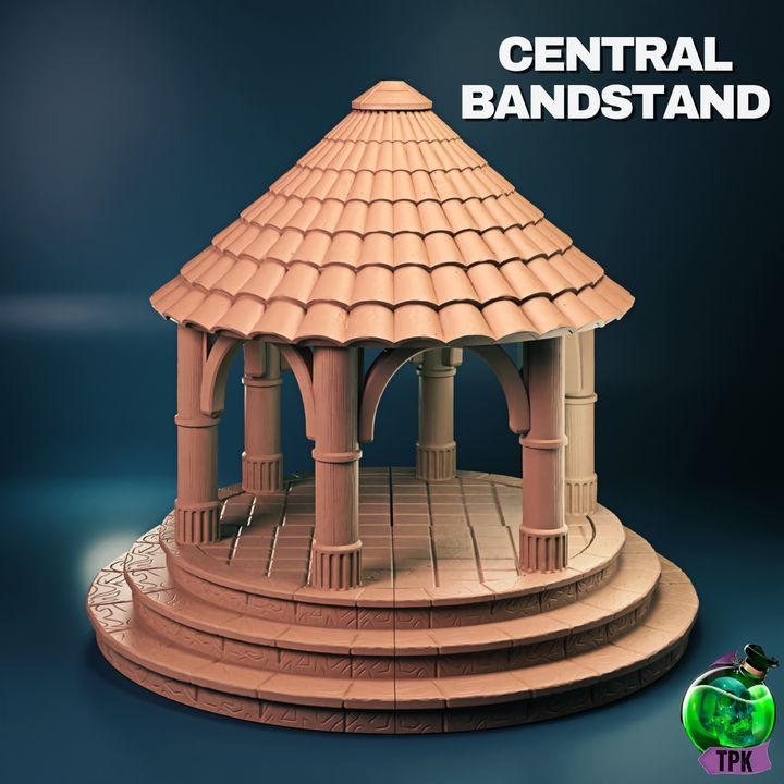 A miniature of the Central Bandstand featuring a tiled roof, arched columns, and a layered circular base, designed for use in tabletop RPG settings like Dungeons & Dragons or Pathfinder.