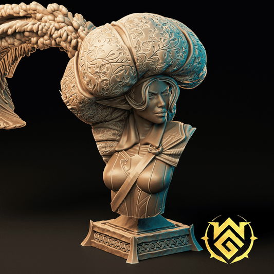 Bust of Adalina the Blade Queen showing her feathered turban, fierce gaze, and detailed elven attire.