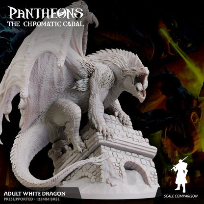 Side view of the Adult White Dragon perched on ruins, roaring with fierce expression.