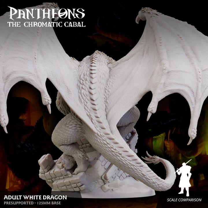 Back view of the Adult White Dragon miniature with detailed scales and wings outstretched.