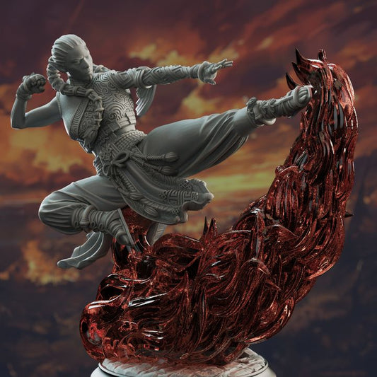 Fire Genasi Monk miniature, Andrazia the False Incarnate, depicted in a dynamic mid-kick pose with swirling flames, ideal for tabletop RPGs.