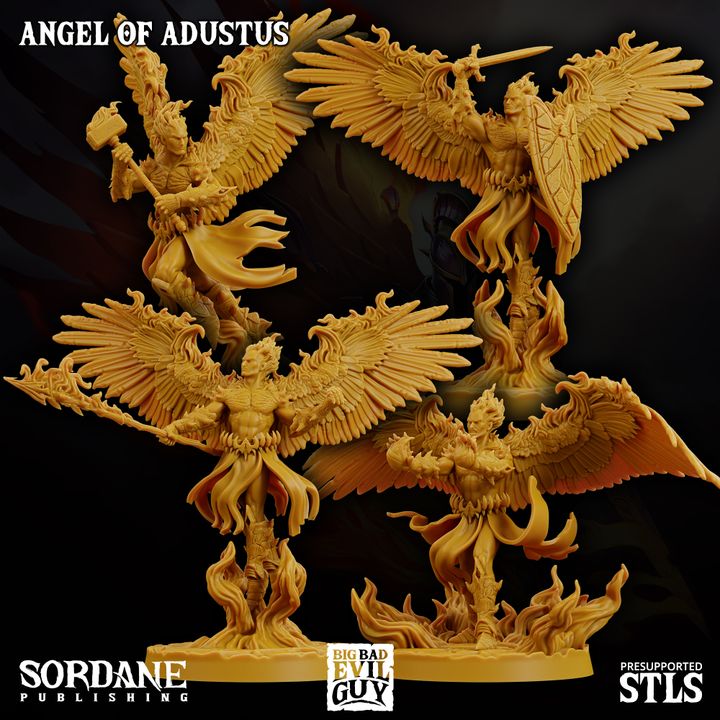 A collection of various poses of the Angel of Adustus, each armed with different celestial weapons, wings spread, and flames at the base. Collage view of the different mighty angelic forms.