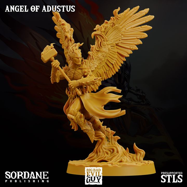 Angel of Adustus holding a hammer aloft with wings spread wide, standing amidst flames, with armor adorned in intricate detailing. The pose exudes strength and divine authority.