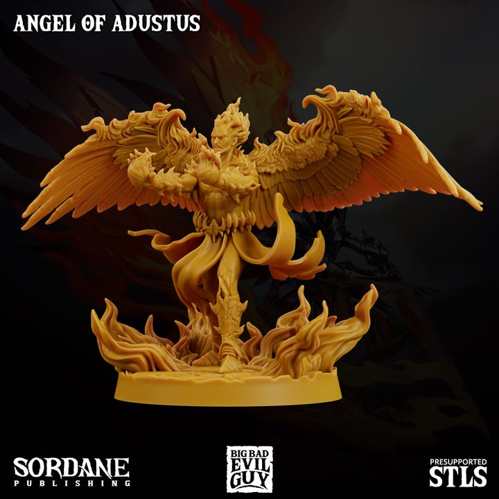 Angel of Adustus standing tall with wings spread, surrounded by flames. The character is depicted as a mighty celestial being, ideal for roleplaying celestial-themed encounters.