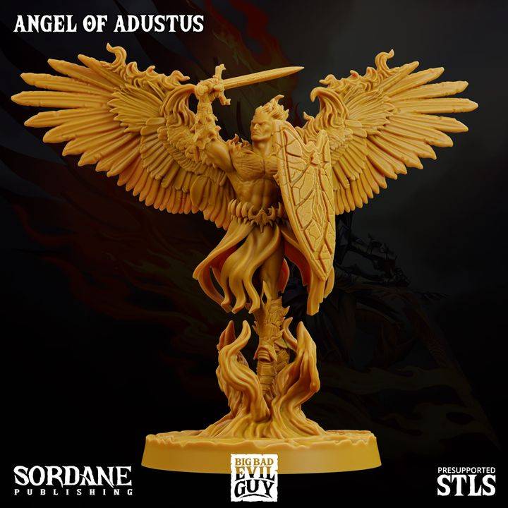 Angel of Adustus wielding a sword and holding a shield, with magnificent wings spread out behind him and flames encircling his feet. This pose reflects divine protection and martial prowess.