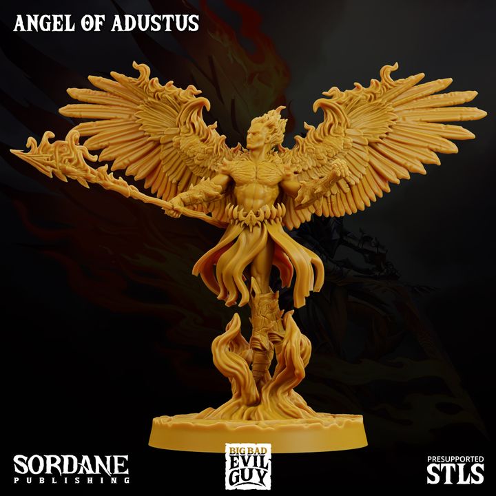 Angel of Adustus with wings spread wide and holding a spear, surrounded by flames. The celestial figure is portrayed with powerful elegance, suited for tabletop RPG campaigns involving heavenly interventions.