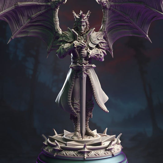 Full-body miniature of Vampire Lord Arthur Belfrie with wings spread, holding a sword, standing on a decorated pedestal.