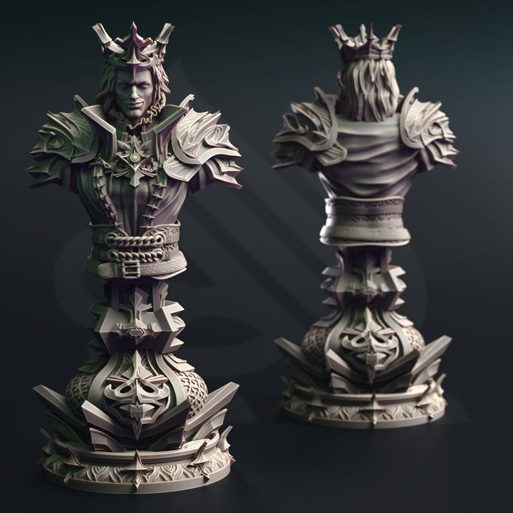 Bust of Vampire Lord Arthur Belfrie in armor and crown, viewed from the front and back.