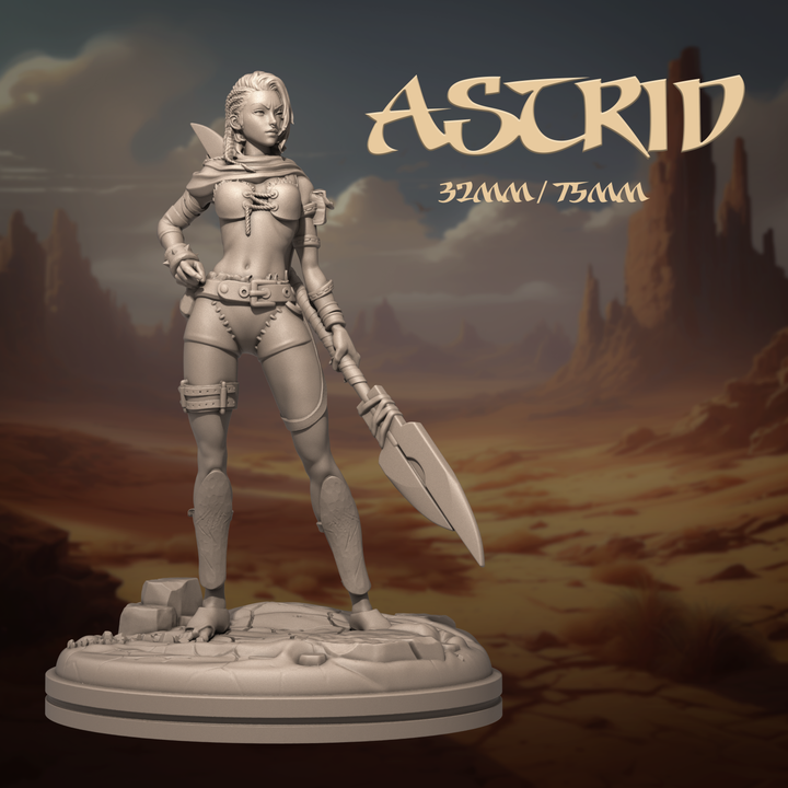 3D-printed Astrid miniature, showcasing a fierce female warrior with a spear in a confident stance, designed for TTRPGs like Dungeons and Dragons and Pathfinder.