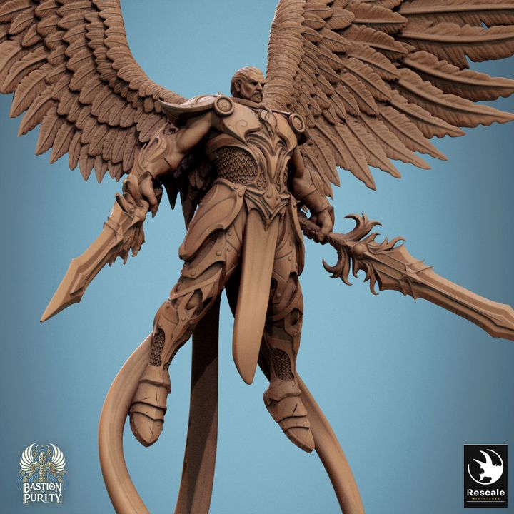 Aurelian Skyblade, brandishing two swords, hovering with wings wide, embodying divine ferocity. Ideal for fantasy TTRPGs like Pathfinder involving celestial conflicts.