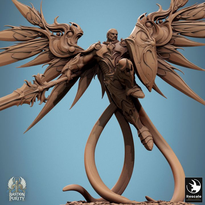 Aurelian Skyblade, holding both a spear and shield, wings outstretched with full angelic grace. This figure embodies a celestial protector, great for fantasy TTRPG battles.