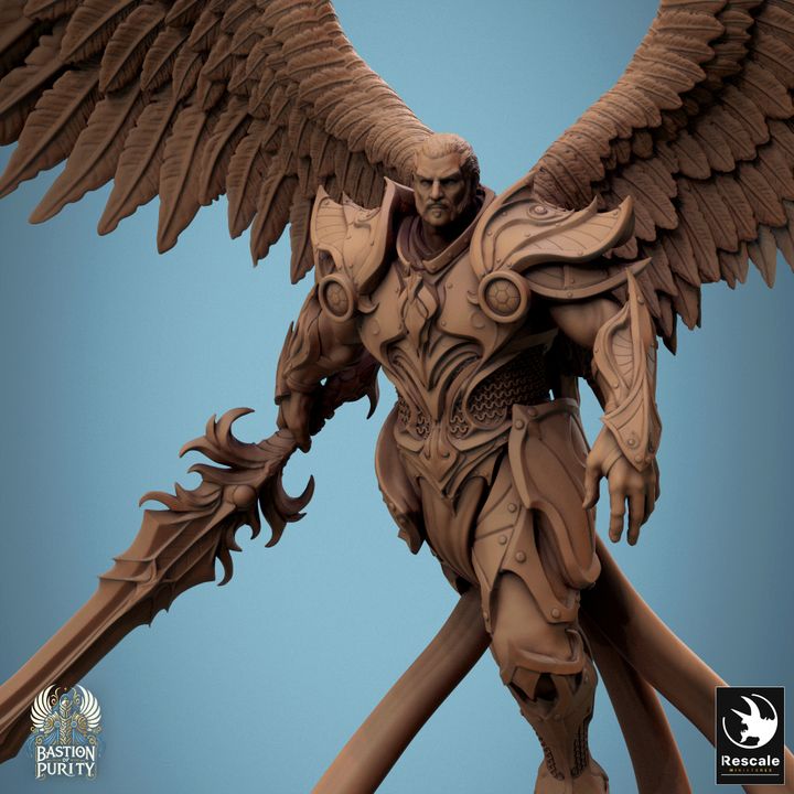 Aurelian Skyblade, holding a sword in one hand, exuding stoic strength. His wings are spread and armor polished, great for fantasy TTRPGs featuring divine champions.