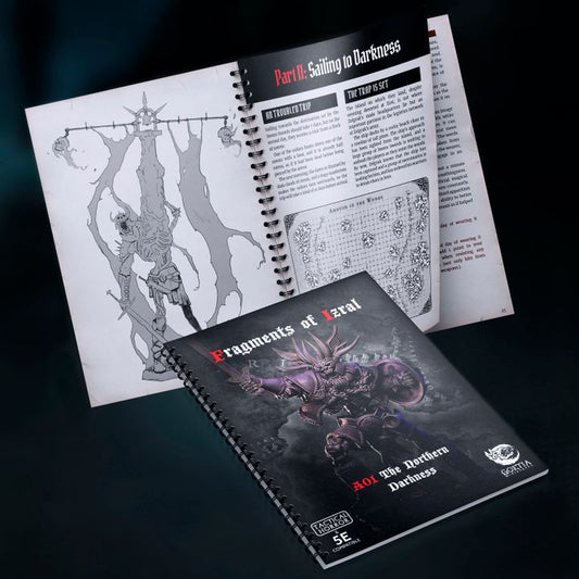 Fragments of Izral A01 The Northern Darkness grimdark fantasy adventure PDF book cover featuring undead northman warrior for Dungeons and Dragons 5E and Tactical Horror RPG campaigns