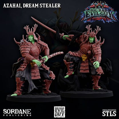 Azahai, Dream Stealer, Oni/Undead Demon miniature set showing two poses: one standing upright and the other crouched, both wielding katana swords. The armor features demonic symbols and detailed sculpting.