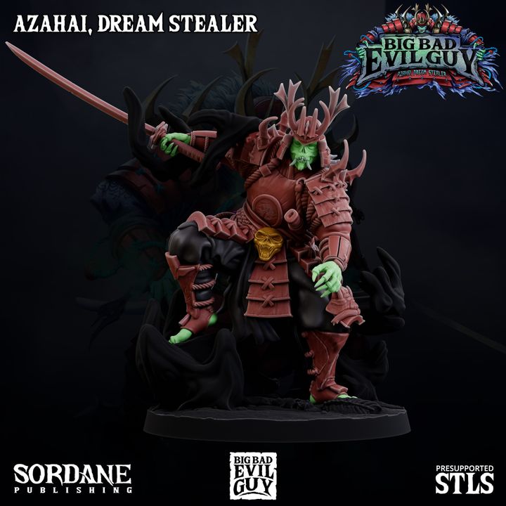 Azahai, Dream Stealer, an Oni/Undead Demon miniature in full armor with horned helmet and flowing robes, wielding a long katana sword. Stands on a shadowy base, posed with a menacing stance.