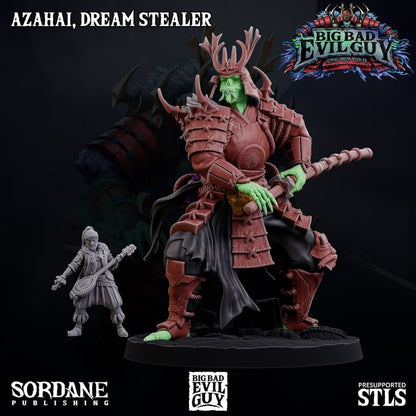 Azahai, Dream Stealer miniature in full armor with a horned helmet, green glowing skin, and katana. A scale reference figure is beside it for comparison. The figure has intricate armor details and a skull belt buckle.