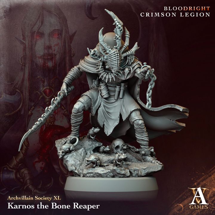 Karnos the Bone Reaper, an undead warlord in menacing armor, standing over bones and skulls with a large weapon, suitable for fantasy tabletop RPGs.