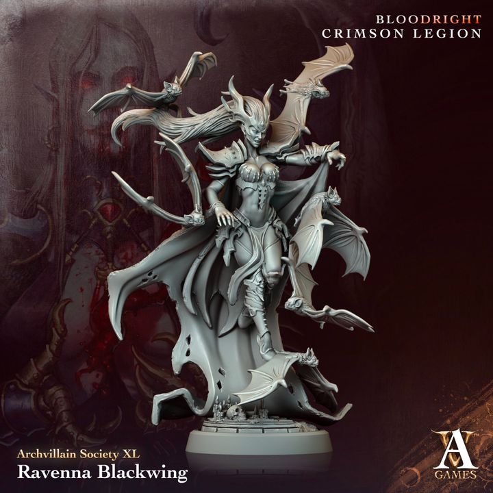 Ravenna Blackwing, a vampire sorceress with bats, in dark armor and flowing robes, suitable for fantasy tabletop RPGs.