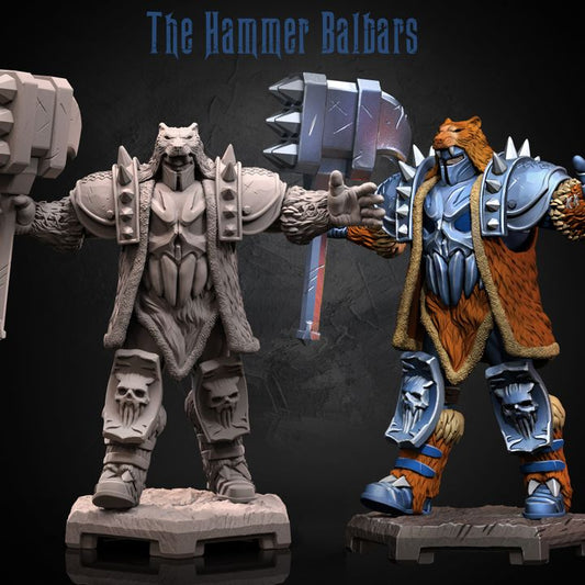 The Hammer Balbars miniature front view, armored warrior with bear pelt cloak, horned helmet, and massive spiked warhammer.