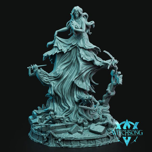 Banshee Queen miniature floating into a misty formation. Wraiths are exiting with swords out of the mist.  The Banshee clutches a severed head wearing a crown.