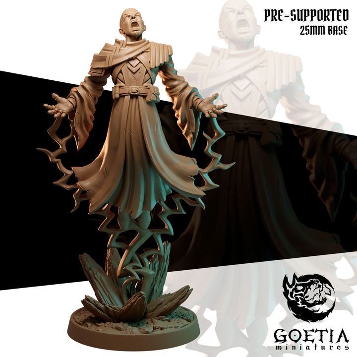 Baron Daris group miniature image from Bringers of Disorder showing a humanoid warlock levitating above a cracked stone base, robed spellcaster screaming as arcane energy coils around his body and erupts from the ground, grimdark Dungeons and Dragons tabletop miniature