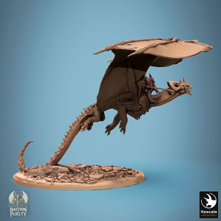 Astralyon Chief dragon in mid-flight, side view with rider.