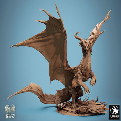 Front view of the bronze dragon miniature standing tall with wings spread in an upward position, ready to take flight. The perfect centerpiece for fantasy TTRPGs like Pathfinder or Dungeons & Dragons.