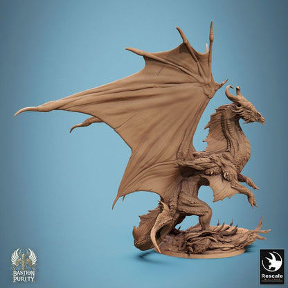 A side view of the bronze dragon rising majestically from its base. The wings flare outward, and the body curves upward, evoking a sense of ascension. This figure fits seamlessly into a fantasy TTRPG campaign.